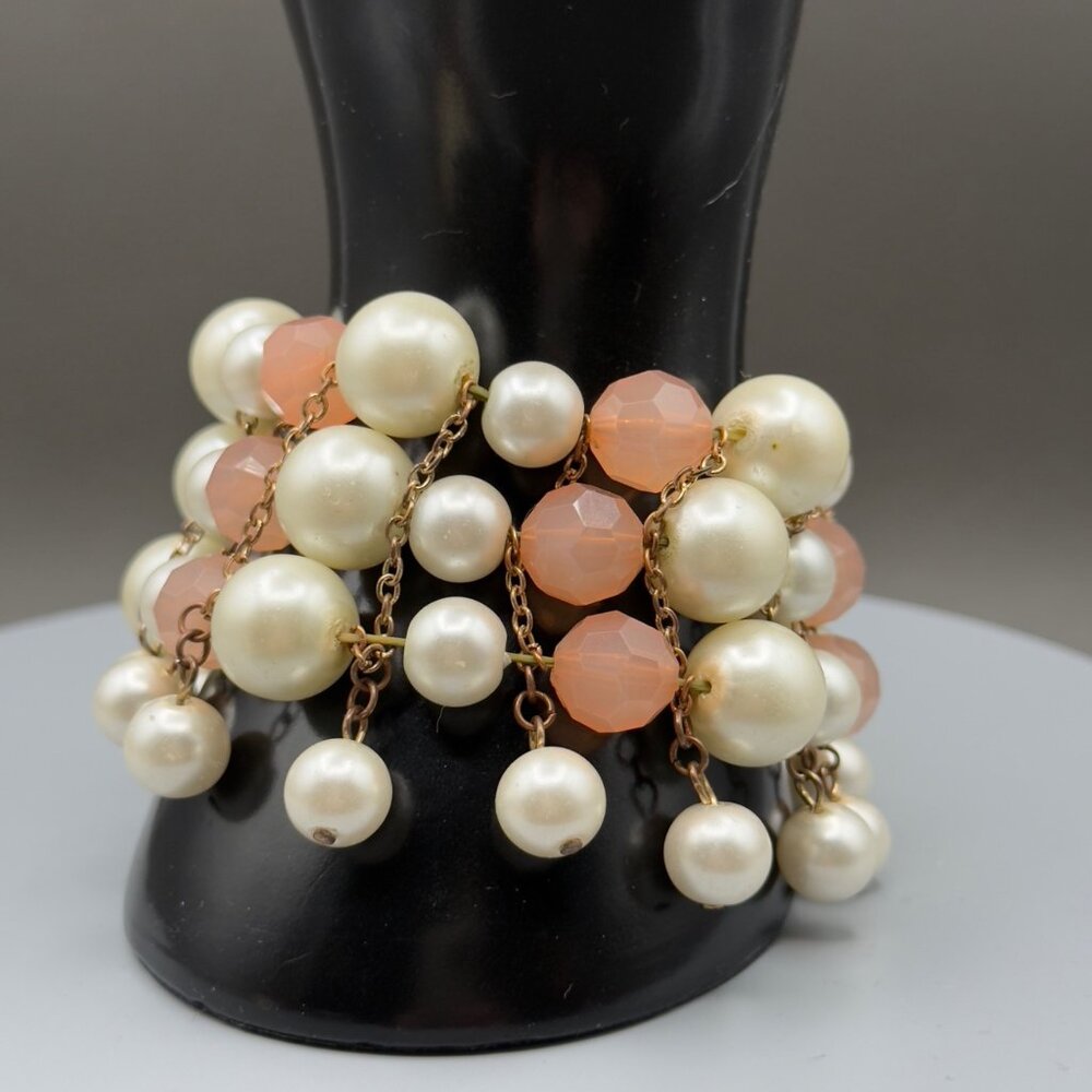 Vintage Faux Pearl Peach Beaded Stretch Bracelet READ - Picture 2 of 14